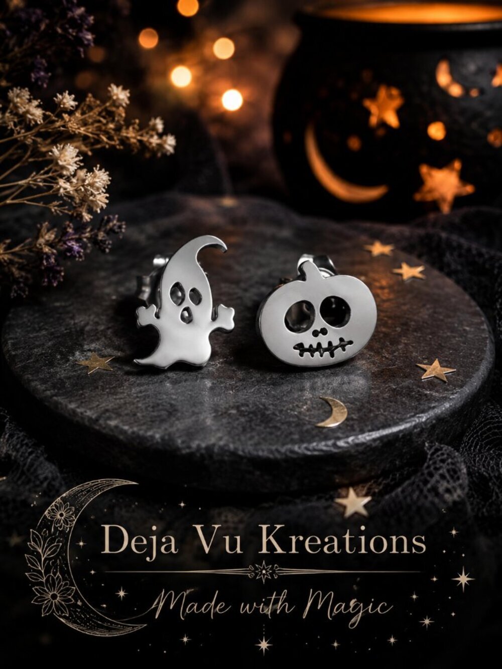 Silver Stainless Steel Mismatched Jack-O-Lantern and Ghost Earrings - Picture 1 of 8